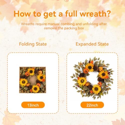 Pinkpum 20" Fall Wreath Front Door Pumpkin Sunflower Pine Cones Wall Decor - Image 2