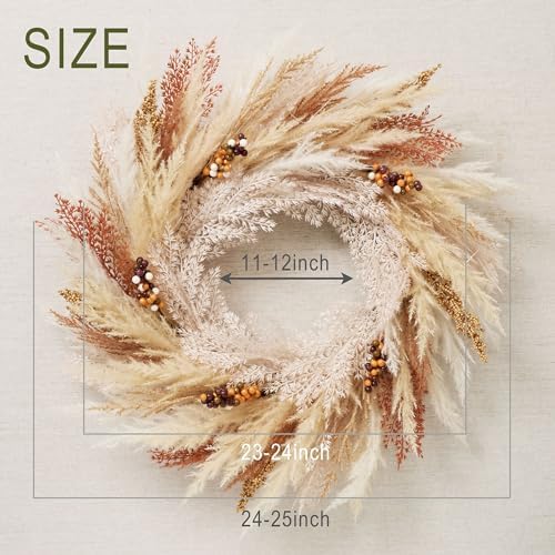 DecorbyHannah 24'' Neutral Fall Pampas Wreath with Lights for Front Door - Image 5
