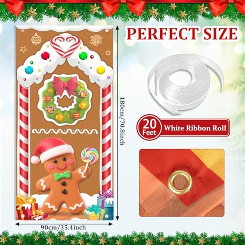 Christmas Door Cover Gingerbread Man Decoration Xmas Large Photography Background Banner Porch Sign for Winter Ginger Bread House Indoor Outside Front Door Banner Farmhouse Party Supplies 6 x 3 Feet - Image 3