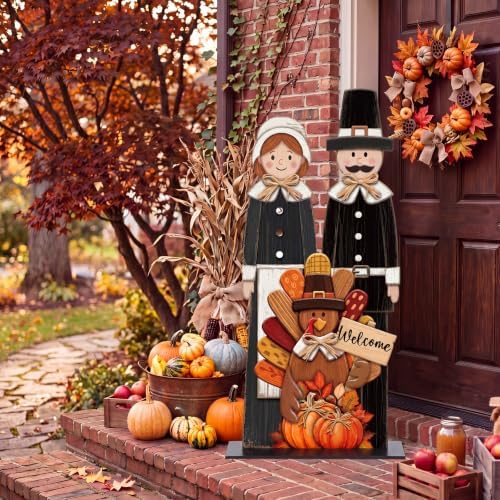 Threehoney 31.5" Thanksgiving Pilgrim Couple with Turkey Porch Sign, Farmhouse Wooden Pumpkin Welcome Signs Rustic Standing Fall Harvest Front Porch Decor for Autumn Outdoor Indoor Yard Garden - Image 6