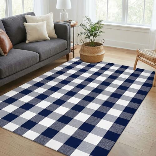 KOZYFLY Buffalo Plaid Rug 4x6 Ft Checkered Blue and White Front Door Mat - Image 3