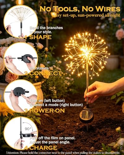 Solar Garden Lights Outdoor Yard Decorations, 2 Pack 150Leds Pathway Lights Stake, Fairy Firework Light for Garden, Patio, Pathway, Flowerbed Gold Color - Image 6