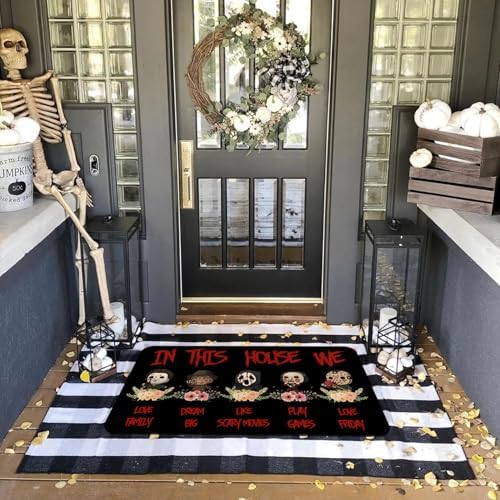 Halloween Horror Villains Welcome Doormat, in This House We Love Family Scary Movies Friday Vintage Non-Skid Floor Mat Decoration Kitchen Door Mat Bedroom Doormat 17x30 inch - Image 4