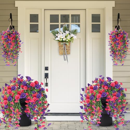 Artificial Fake Hanging Flowers Plants for Outdoor Outside Spring Summer Decoration 2PCS Faux Silk UV Resistant Realistic Morning Glory with Eucalyptus for Home Porch Patio Balcony(Purple & Hot Pink) - Image 2