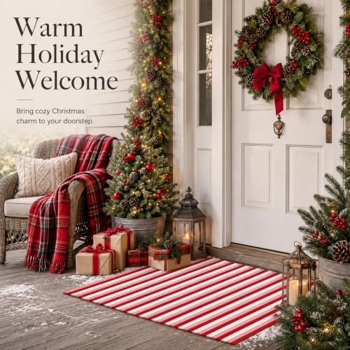 Moucuny 2'4'' X 3'7'' Christmas Red Pink White Vertical Stripe Outdoor Rug - Image 3