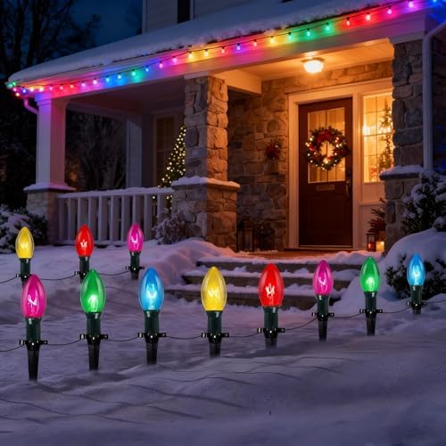 Abeja C9 Christmas Pathway Light Outdoor, 38Ft Multicolor Bulbs Christmas Pathway Lights with 25Stakes, Connectable Weatherproof Walkway Lights for Yard Lawn Sidewalk Garden Xmas Holiday Decor by Abeja