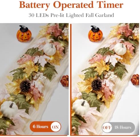 6 FT Fall Garland with 30 Lights & 8 Modes Timer, Pre-lit Lifelike Lighted Fall Maple Leaves Garland with Pumpkin Berries PineCones, Battery Operated Autumn Garland Decor for Mantle Table Thanksgiving - Image 4