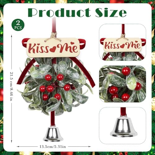 2 PCS Christmas Mistletoe Decoration Artificial Mistletoe Hanging Ornament Kissing Ball with Berry Bow Silver Bell Wooden Sign'kiss Me' for Doorway Home Xmas Tree Friendship Holiday Party Decor (Red) - Image 3