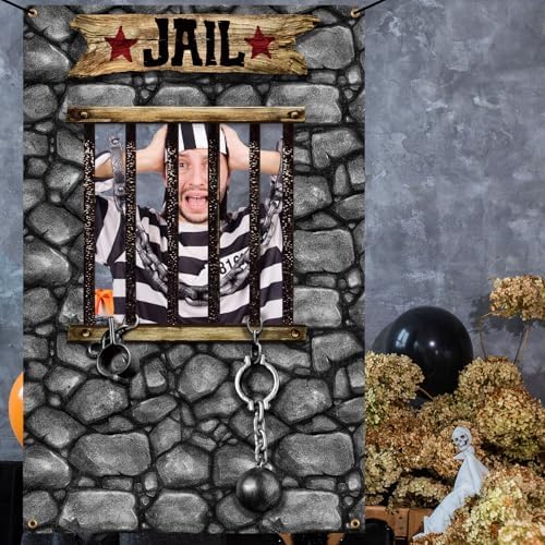 Lunmon 6x4 ft Halloween Backdrop Jail Prison Face Cutout Holes - Image 6