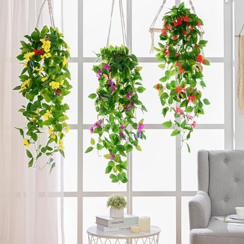 BLEUM CADE Artificial Hanging Flowers for Outdoors, 2pcs Fake Hanging Plants Pothos Vines with Yellow Flowers for Wall Home Living Room Indoor Outdoor Decor (No Baskets) - Image 6