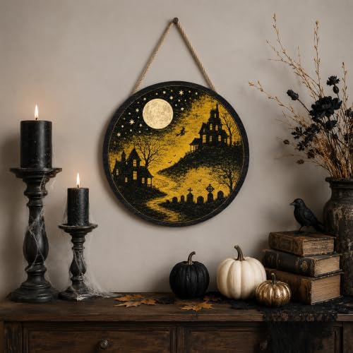 Gothic Halloween Decoration Wooden Sign, Autumn Moon Halloween Front Door Hanger, Spooky Image Wooden Sign for Indoor Outdoor Yard, Gothic Home Decorations - Image 4