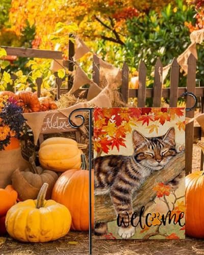 Fall Cat Garden Flag 12x18 in Vertical Double Sided Welcome Autumn Leaves Thanksgiving Decor Harvest Holiday Outside Decorations Burlap Yard Flag - Image 6
