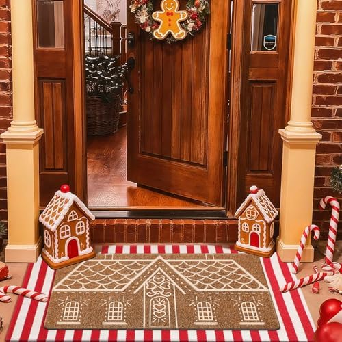 Duraaamo 2 Pcs Christmas Gingerbread House Door Mat Outdoor Christmas Nature Coir Welcome Rug Red White Stripe Outdoor Rug for Front Porch Indoor Entrance Decor - Image 3