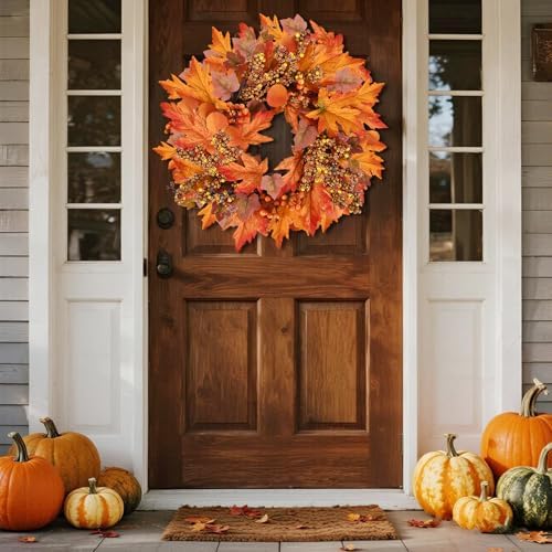20 lnch Artificial Fall Wreath for Front Door Autumn Wreath with Hanger - Image 2