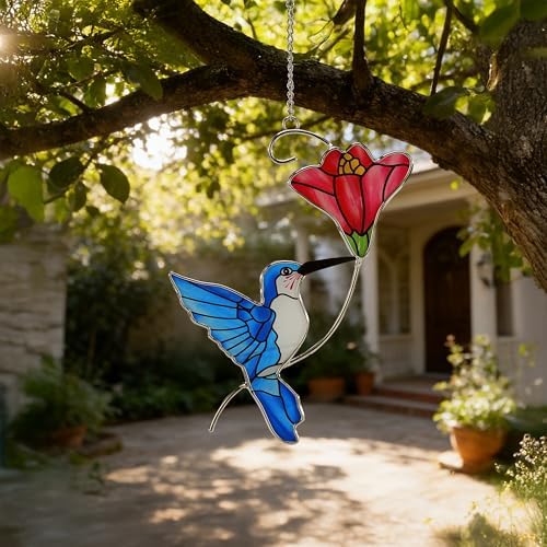 Stained Glass Hummingbird Suncatcher, Blue Bird, 13.4 Inch - Image 2