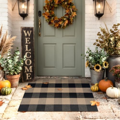 Uphome Bufflo Plaid Outdoor Rug 2'x3', Small Black Natural Checkered Front Door Mat for Fall Decor, Indoor Outdoor Farmhouse Cotton Porch Rug for Layered Door Mats, Washable Area Rugs for Entryway by Uphome