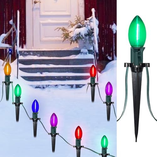 C9 LED Christmas Pathway Lights 38 Feet Outdoor String Lights with Marker Stakes, 25 LED Clear Multicolor Connectable Christmas Walkway Markers Lights for Outside Porch Garden Patio Lawn Decor by SUNSGNE