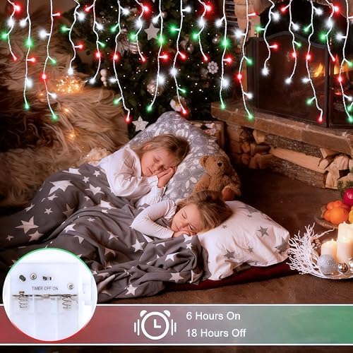 2 Pack Red White Green Christmas Icicle Lights Battery Operated, Total 204 LED Twinkle Icicle Lights 20Ft Clear Wire with 8 Lighting Modes Timer Function for Outdoor Indoor House Party Decoration - Image 3