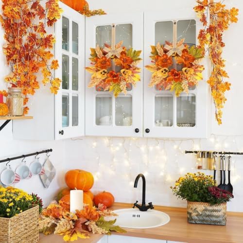 6 PCS Fall Wreath for Kitchen Cabinets Artificial Flower Door Wreath Autumn Table Centerpiece Farmhouse Hanging Floral Rings for Front Door Porch Wall Window Decoration - Image 6
