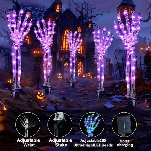 Solar Halloween Decorations,5Pack Skeleton Hands Halloween Pathway Lights - Waterproof LED Stakes with 250 Purple & Green Lights, 8 Modes - Scary Outdoor Yard Solar Powered Haunted Decorations - Image 7