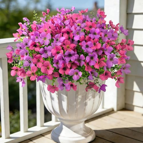 Ouddy Decor 16 Pcs Artificial Flowers for Outdoors Decor, Purple & Rose Red - Image 3