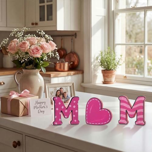 Smile 4 Pcs Wooden Decor Mother's day Indoor Decorations, Mom Heart - Shaped, Pink Table Centerpieces for Home Kitchen - Image 5