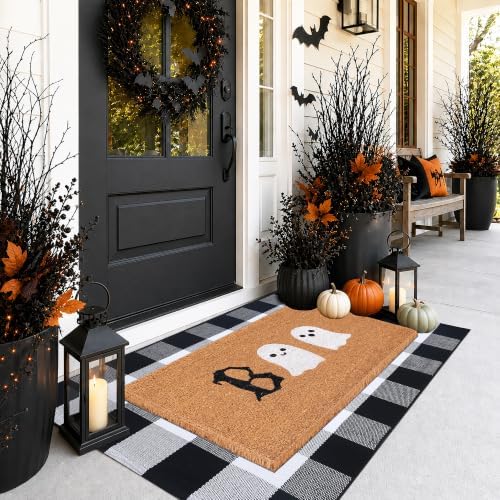 Halloween Door Mat Combo Set, Boo Ghost Coco Coir Welcome Doormat + 28" x 43" Black and White Plaid Rug, Autumn Halloween Front Porch Entryway Decor Floor Mat - Image 4