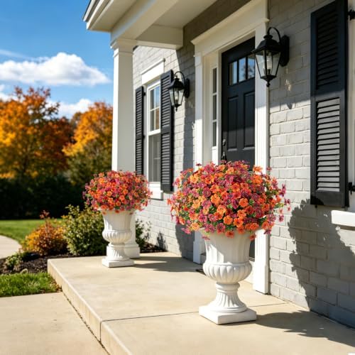Fall Mums Artificial Flowers for Outdoors Potted, 12 Bundles Fake Fall Daisy Flower with Realistic Eucalyptus Leaves, Fake Plants for Greenery Boxwood Porch Patio Garden Pot Courtyard(Orange Brown) - Image 2
