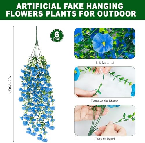 6 Pcs Blue Artificial Hanging Flowers, 30 Inch Blue Morning Glory Vines UV Resistant Fake Hanging Plants Silk Hanging Flowers for Outdoor Garden Patio Window Box Coastal Summer Decor - Image 2