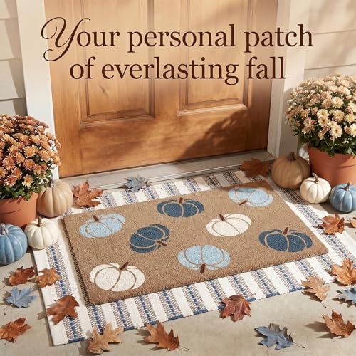 Drydiet Fall Porch Doormat Non Slip, Pumpkin Pattern Blue White - Image 2