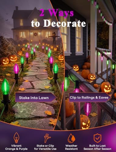19.5FT Halloween Pathway Lights, 10 Green and Purple C9 LED Stake Lights - Image 7
