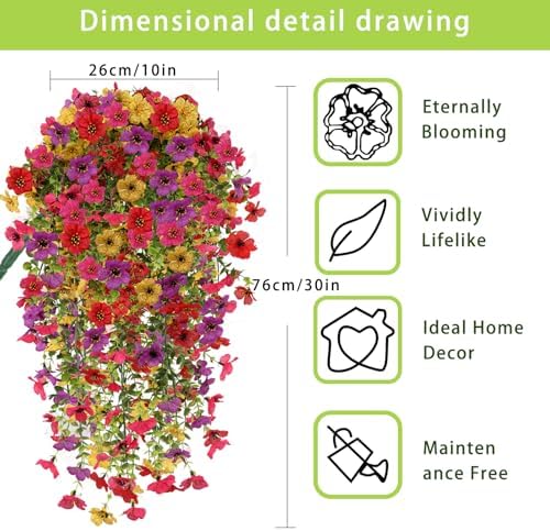 4PCS Artificial Hanging Flowers for Outdoors Summer Decoration, Upgrade UV Resistant Faux Silk Hanging Plants for Outside Home Planter Porch Patio Decor (Multicolour) - Image 3