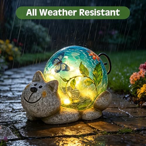 Cat Solar Garden Light, Cute Resin Statues with Crackled Glass Globe Decor - Image 5