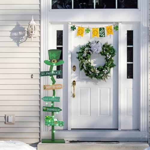 43.8" Lighted Wooden St. Patrick's Day Porch Sign Leprechaun Hat Shamrock Irish Train Standing Signs With Base For Indoor Outdoor Yard Decor - Image 2