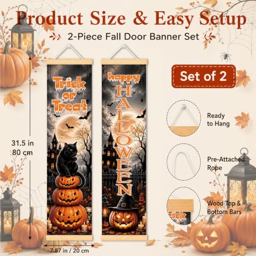 Black Cat Halloween Door Banner Set of 2, Halloween Porch Decor for Home - Image 2