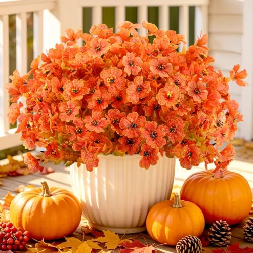 AmyHomie 16 PCS Artificial Fall Flowers for Outdoors, Orange Fake Mums by AmyHomie