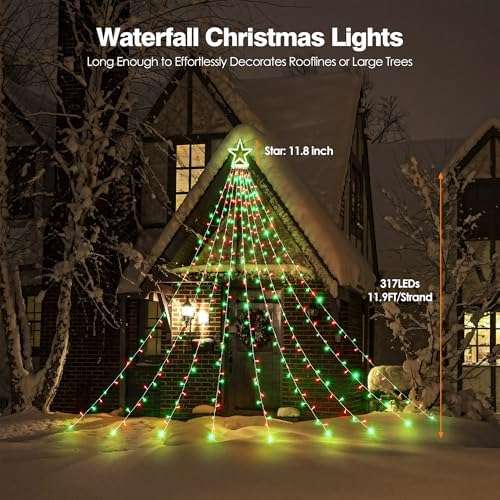 BlcTec Outdoor Christmas Decorations 317 LEDs Christmas Lights with 9 Strands 11.9ft Waterfall Christmas Tree Lights, 8 Modes, Waterproof, Topper Star & Timer for Yard Patio Xmas Décor, Red Green - Image 5