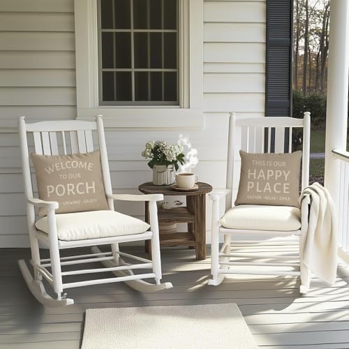 Outdoor Farmhouse Decorative Throw Pillow Covers 18x18 Inch Set of 2 Welcome to Our Porch This is Our Happy Place Beige Cushion Case Decoration for Patio Furniture Couch Front Porch Decor - Image 2