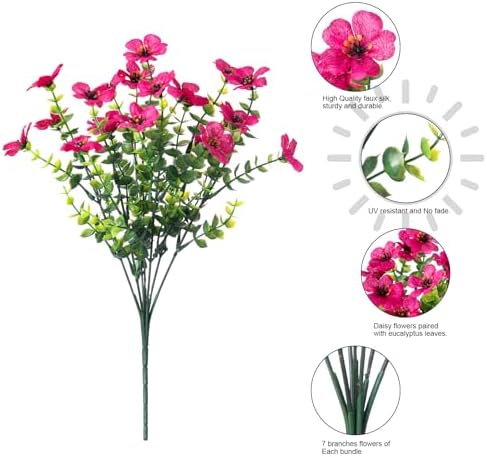 Daisy Artificial Flowers for Outdoors Decor, 12 Bundles Faux Daisy with Eucalyptus Fake Plants Greenery UV Resistant Look Real Colorful Faux Flowers for Outside Planter Porch Patio Gardens, Hotpink - Image 6