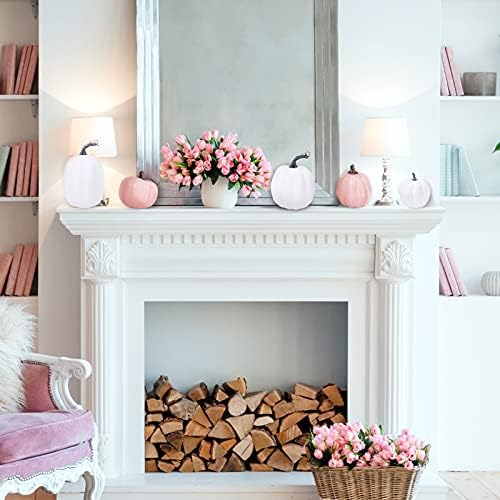 Winlyn 7 Pcs Assorted Sizes Fall Artificial Peach Pink Pumpkins Harvest Faux Foam Light Pink Pumpkins for Fall Autumn Season Halloween Thanksgiving Harvest Festive Tabletop Decoration - Image 3