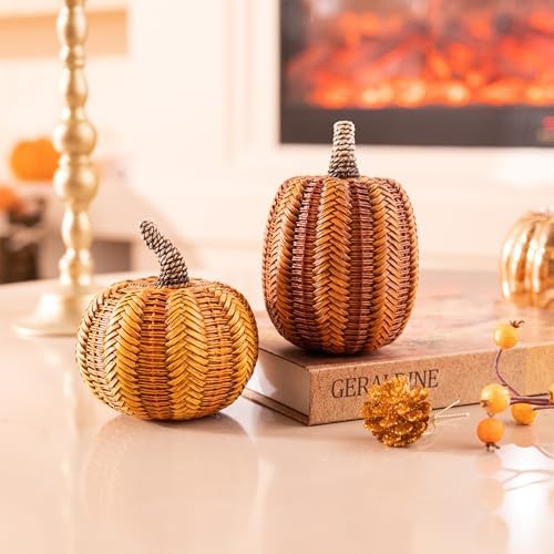 Valery Madelyn Thanksgiving Fall Decorations for Home, Fall Pumpkin Decor, 2pcs Resin Pumpkin Decorations Indoor, Pumpkins for Decorating, Autumn Table Decor, 5 inch - Image 3