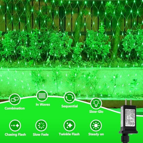 YEGUO Halloween Net Lights Outdoor Mesh Lights, 12ft x 5ft 360 LED Green Bush Light Outdoor Waterproof, 8 Modes Connectable Clear Wire Christmas Light Plug in - Image 3