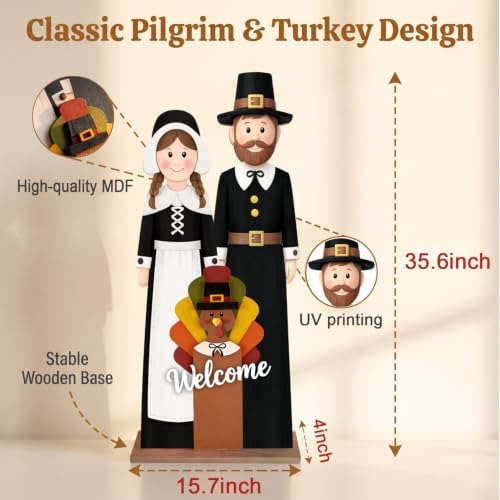 Fall Welcome Sign for Front Door, 36" Thanksgiving Pilgrim Couple with Turkey, Wooden Standing Sign, Autumn Front Porch Decor for Outdoor Indoor Yard Garden - Image 2