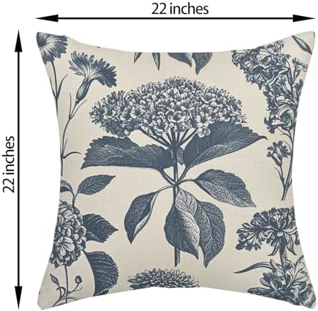 Navy Blue Pillow Covers 22x22 Inch 2 Pcs Boho Vintage Floral Decor Throw Pillows Hydrangea Flower Seasonal Outdoor Farmhouse Neutral Accent Decoration Pillowcase Linen Cushion Cover for Couch - Image 6