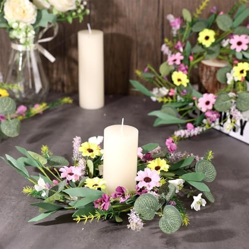 12 Pcs 3inch Spring Summer Artificial Flowered Wreath Mini Floral Wedding Candle Rings Wreaths Kitchen Cabinet Swags Wreath Pillar Candle Holder for Wedding Spring Summer Home Door Tabletop Decoration - Image 2