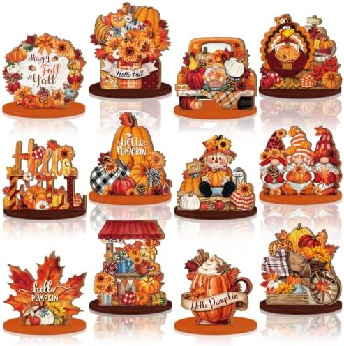 Leinuosen 12 Pcs Vintage Fall Decor, Pumpkin Gnome Maple Turkey Sign Set by Leinuosen