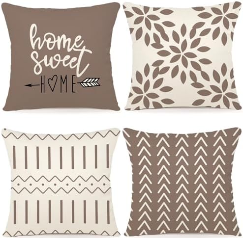 YCOLL Pillow Covers 18x18 Set of 4, Modern Sofa Throw Pillow Cover, Decorative Outdoor Linen Fabric Pillow Case for Couch Bed Car, Khaki by PillowCoversExpert