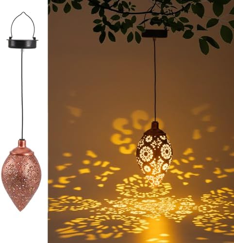 Solar Teardrop Hanging Lantern, Metal, Bronze, Solar Powered, Moroccan Floral Cutout, Outdoor Garden Decor (Copper) by Unknown