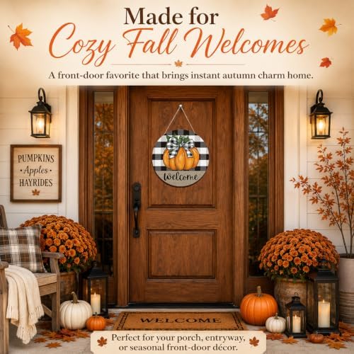 Fall Door Decor Wooden Pumpkin Welcome Sign, Buffalo Plaid Door Hanger - Image 3