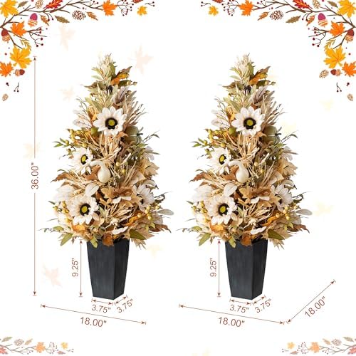 Glitzhome 2 PCS 36”H Fall Porch Tree, Harvest Artificial Porch Tree with Sunflower, Pinecone and Berry Porch & Black Planter, for Autumn Fall Harvest Thanksgiving Christmas Decoration - Image 4